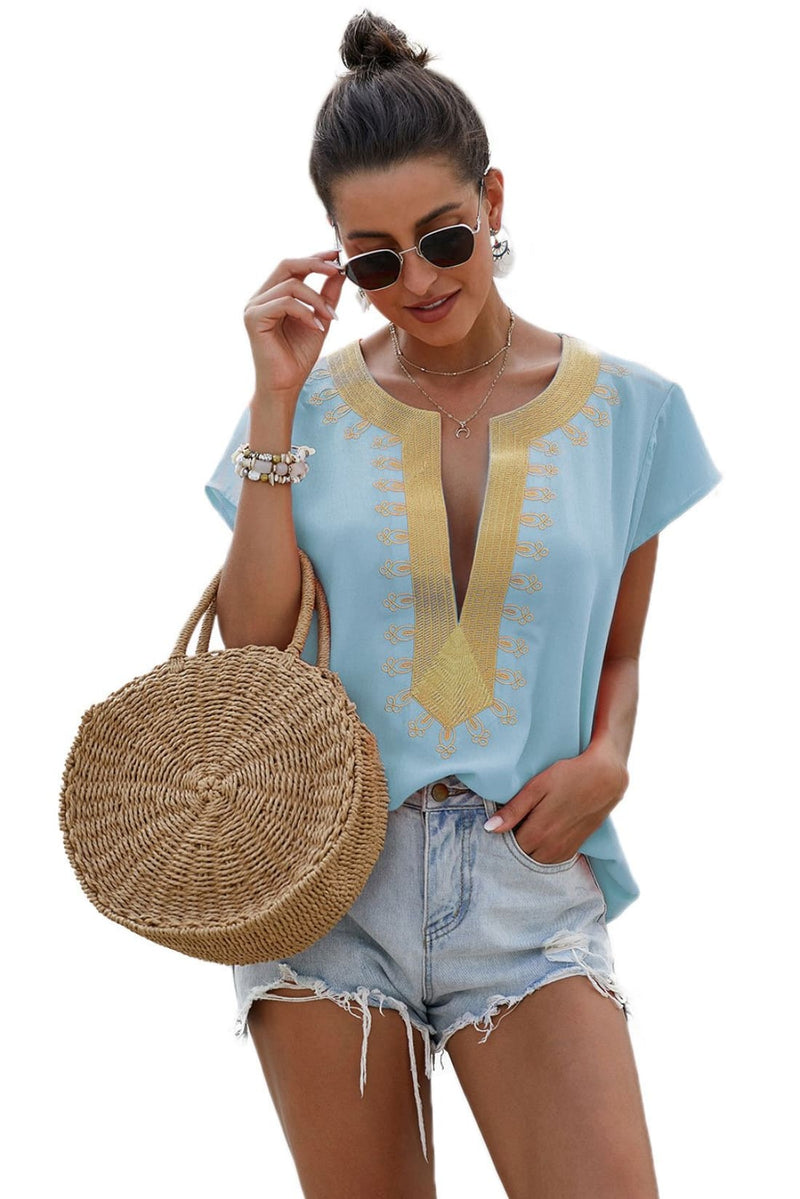 Boho Embroidered Short Sleeve Tunic Shift Blouse