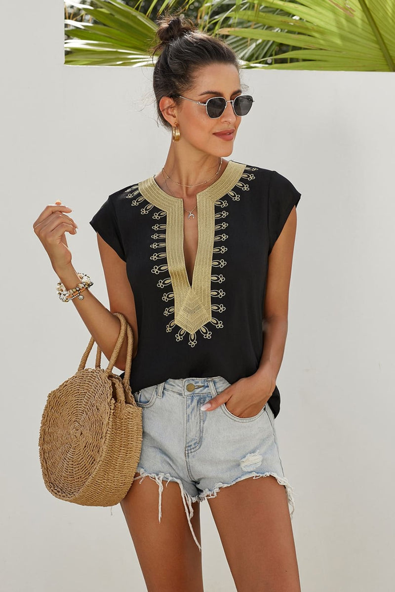 Boho Embroidered Short Sleeve Tunic Shift Blouse