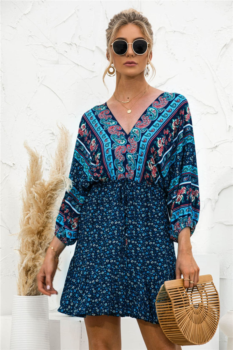 Boho Resort Floral Print Backless Lantern Sleeve Mini Dress