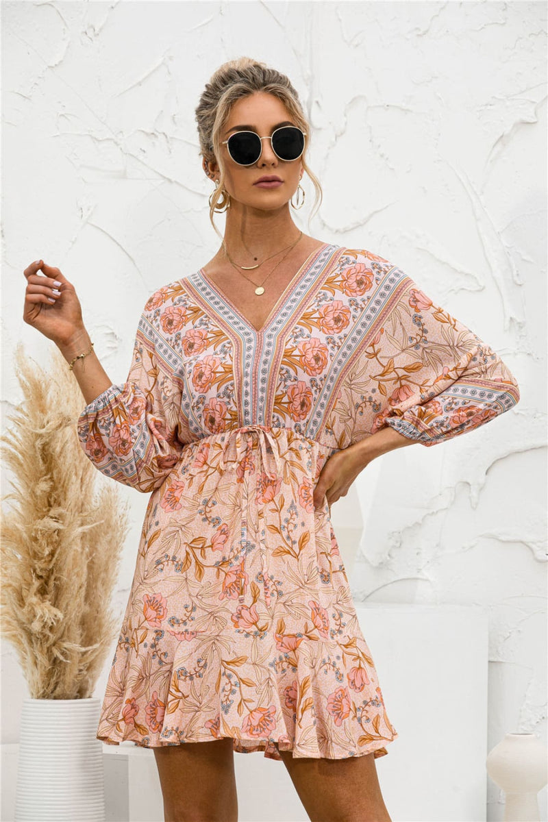 Boho Resort Floral Print Backless Lantern Sleeve Mini Dress