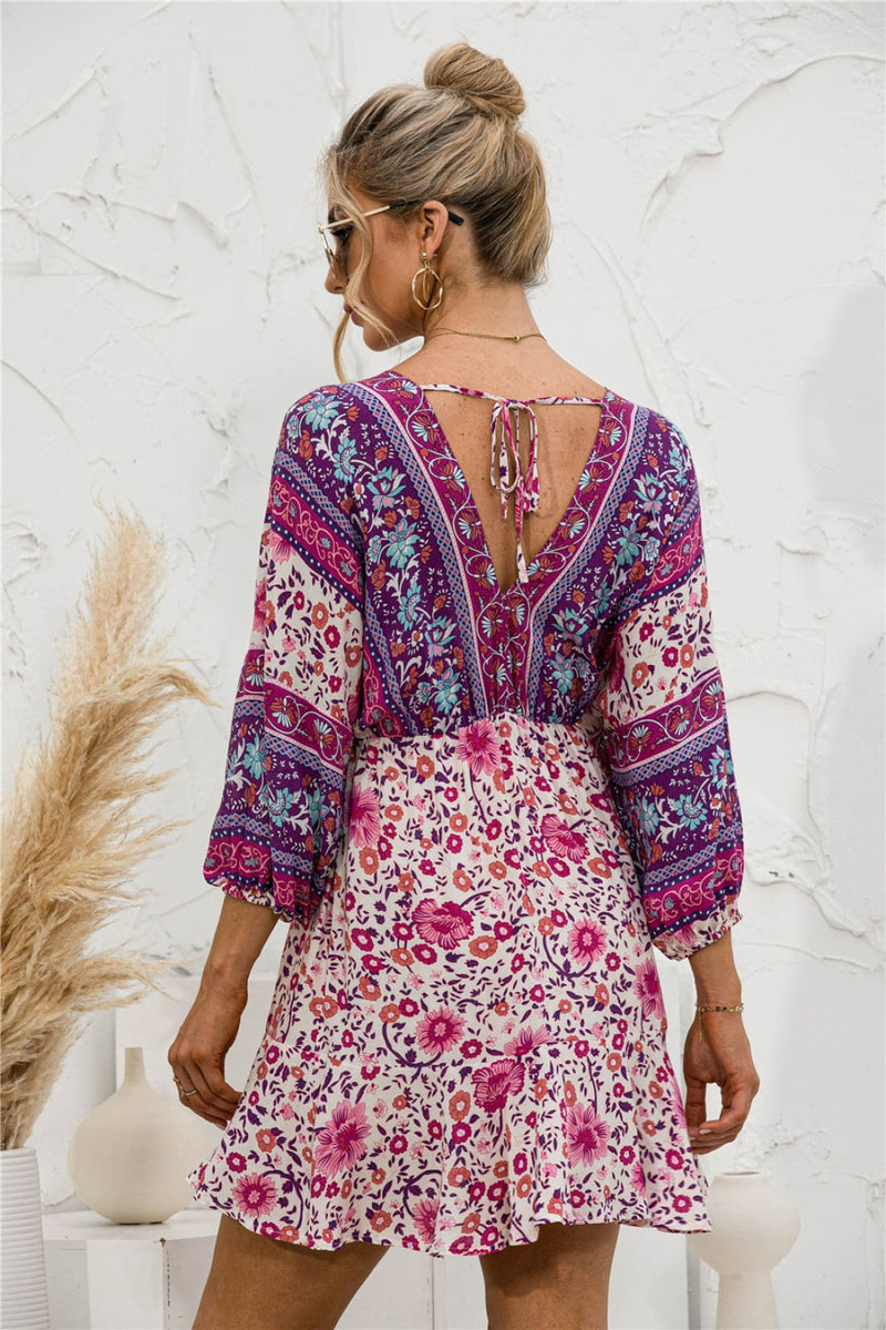 Boho Resort Floral Print Backless Lantern Sleeve Mini Dress