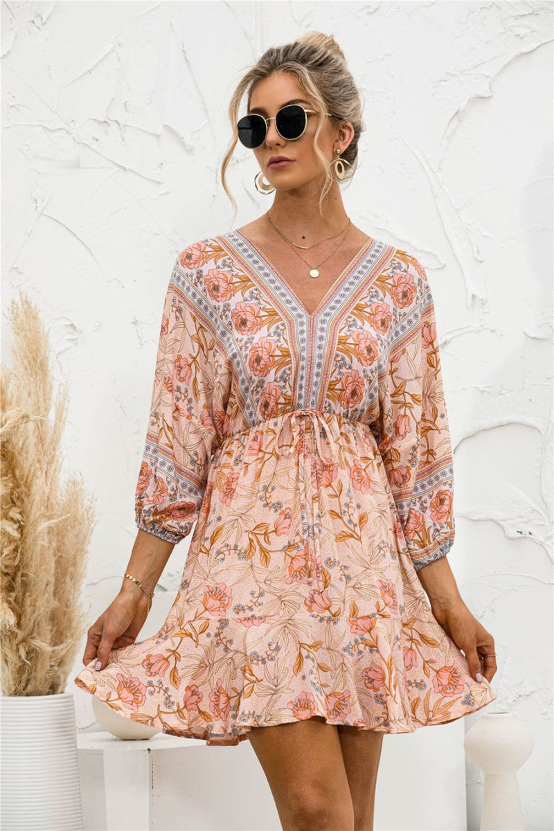 Boho Resort Floral Print Backless Lantern Sleeve Mini Dress