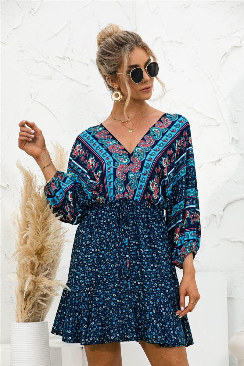 Boho Resort Floral Print Backless Lantern Sleeve Mini Dress