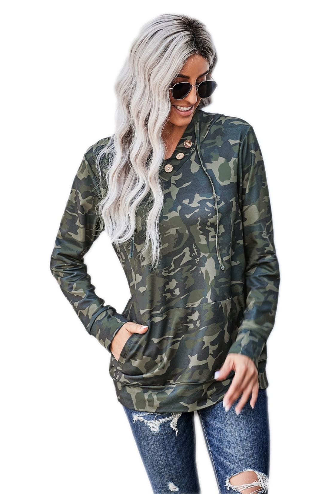 Camo Print Kangaroo Pocket Hoodie - Green | Sweatshirts & Hoodies