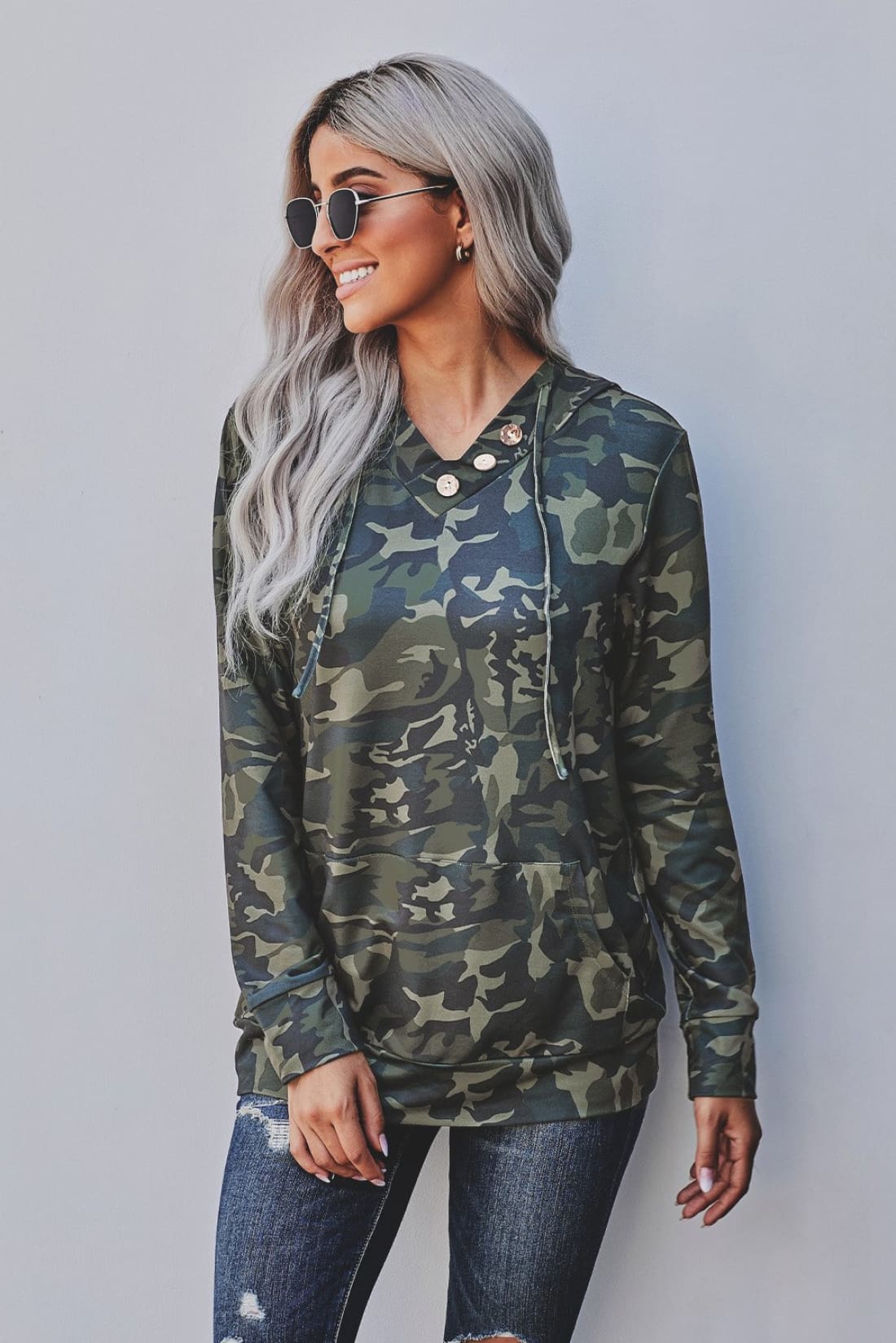 Hoodie w/ Button Detail - Green Camo - Sample Item 50% Off - Final Sale | Sweatshirts & Hoodies