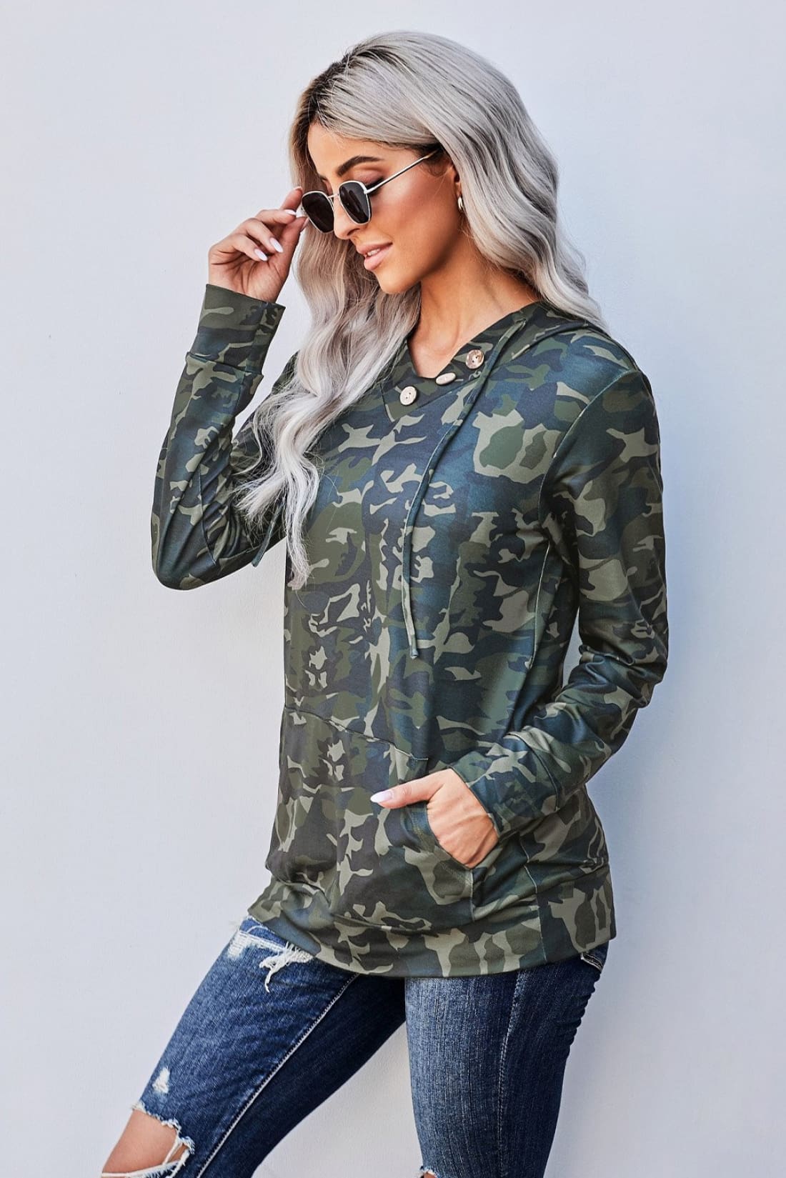 Hoodie w/ Button Detail - Green Camo - Sample Item 50% Off - Final Sale | Sweatshirts & Hoodies