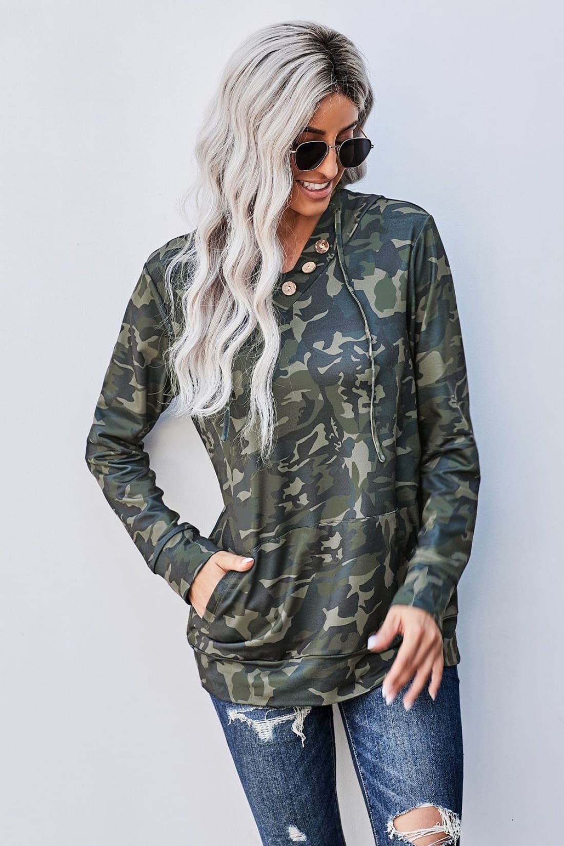 Hoodie w/ Button Detail - Green Camo - Sample Item 50% Off - Final Sale | Sweatshirts & Hoodies