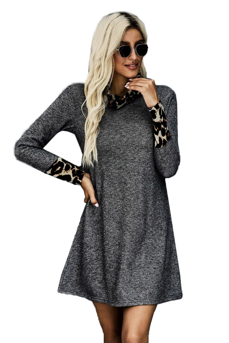 Charcoal Leopard Trimmed Cowl Scarf Neck Mini Dress | Mini Dresses