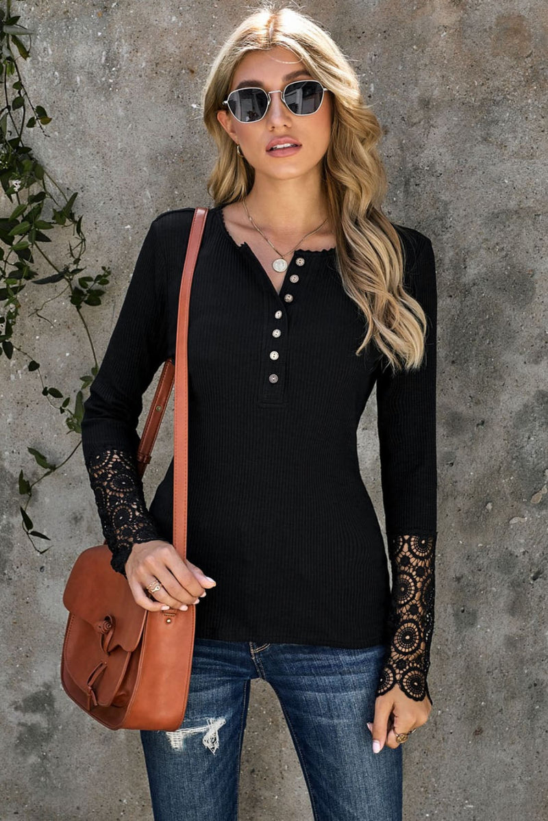 Crochet Lace Detail Button Front Long Sleeve Top Transitional Casual | Tops