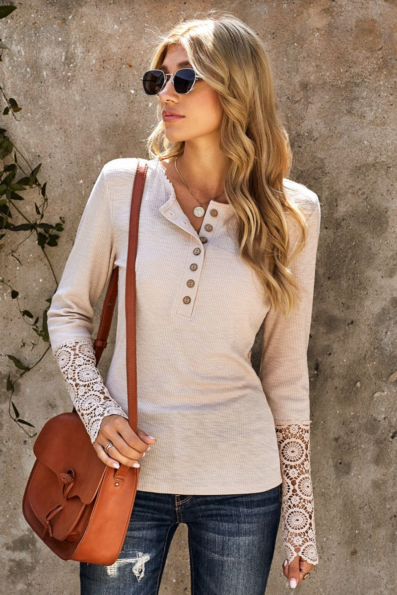 Crochet Lace Detail Button Front Long Sleeve Top Transitional Casual | Tops