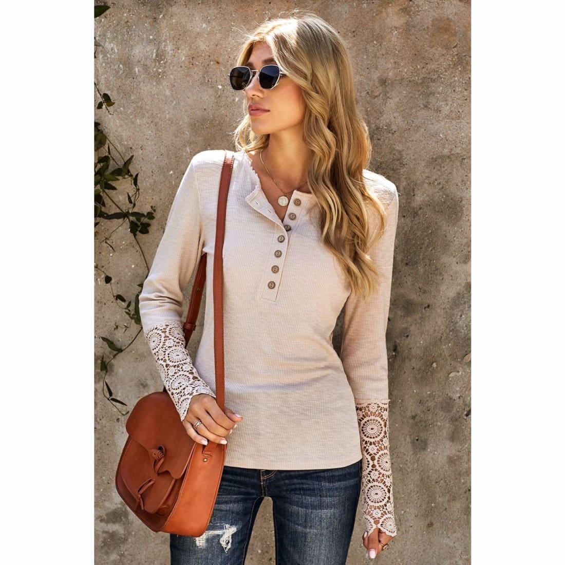 Crochet Trimmed Henley Ribbed Long Sleeve Button Up Top | Long Sleeve Tops