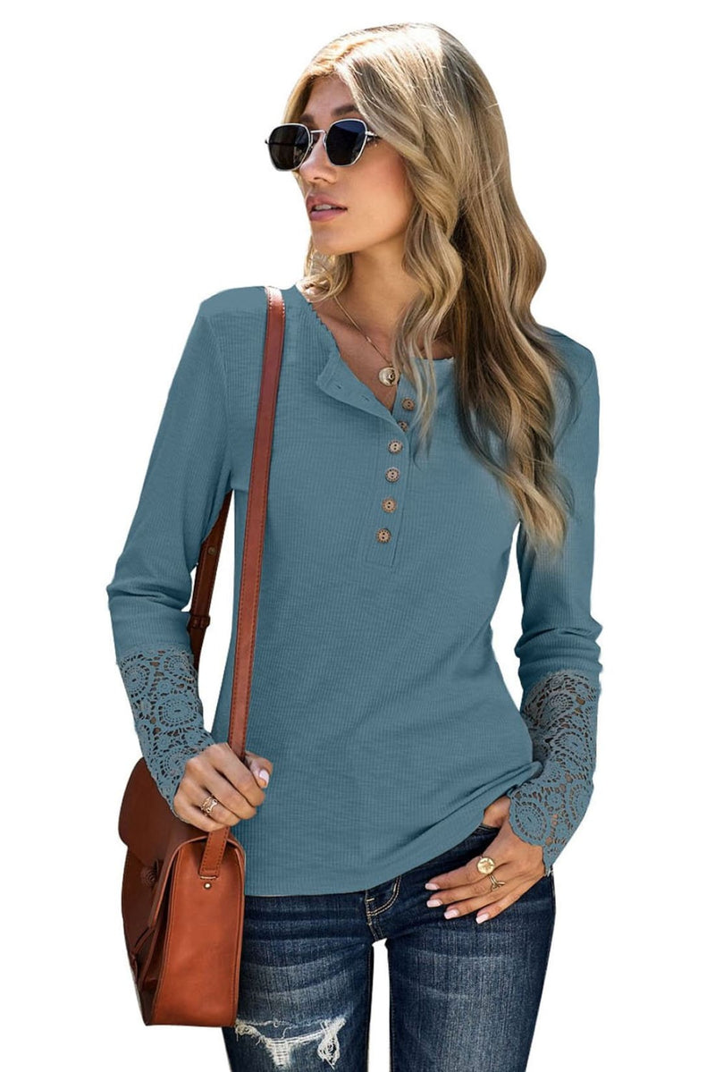 Crochet Trimmed Henley Ribbed Long Sleeve Button Up Top | Long Sleeve Tops