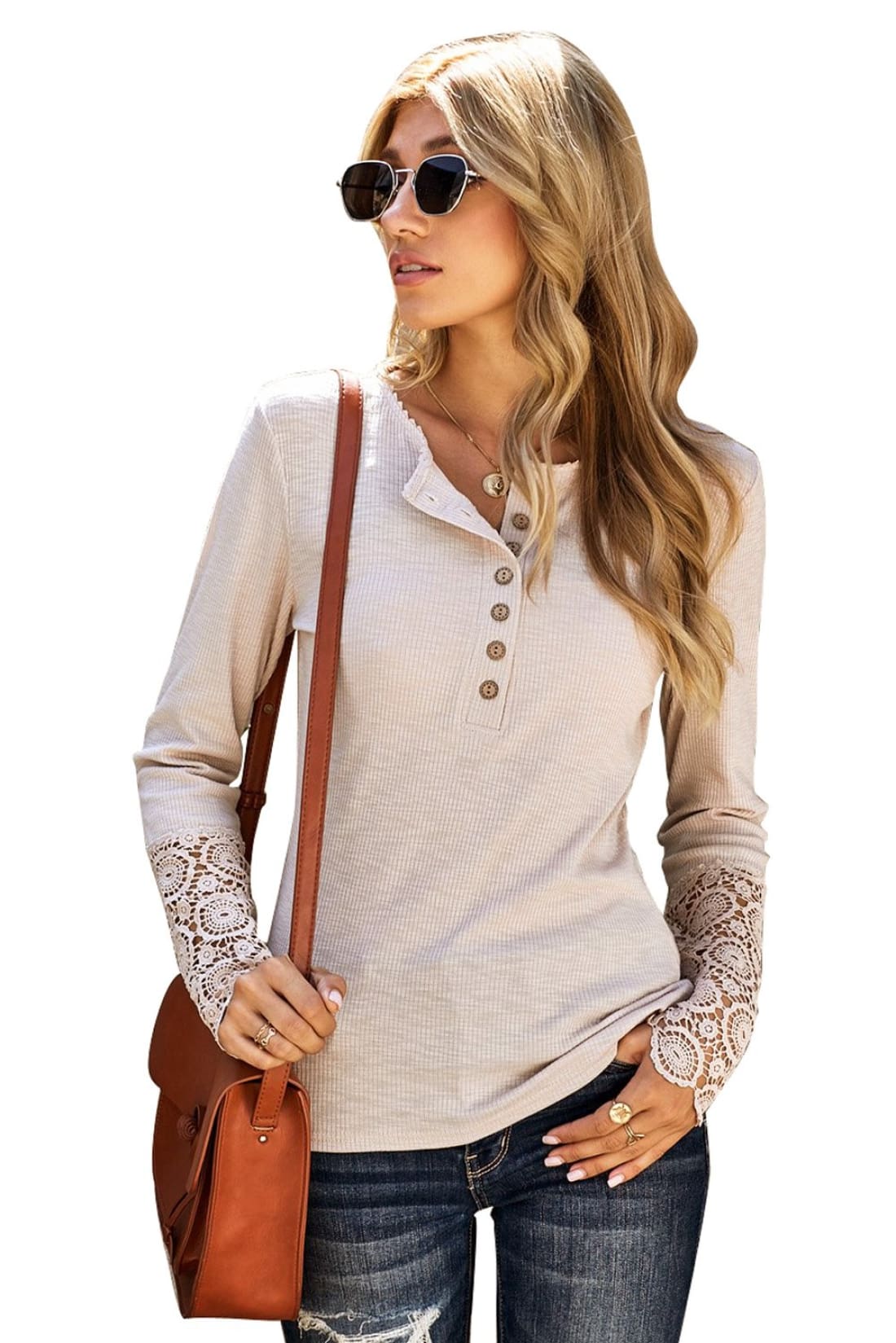 Crochet Trimmed Henley Ribbed Long Sleeve Button Up Top | Long Sleeve Tops