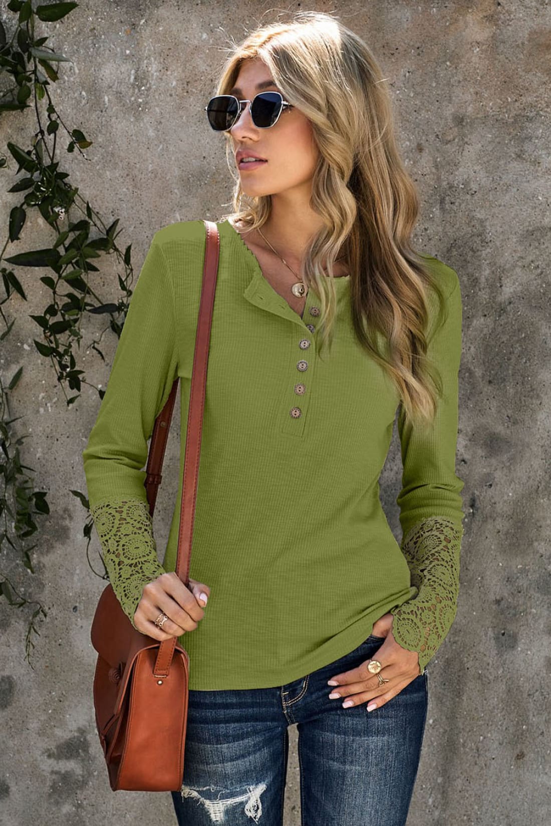 Crochet Trimmed Henley Ribbed Long Sleeve Button Up Top | Long Sleeve Tops