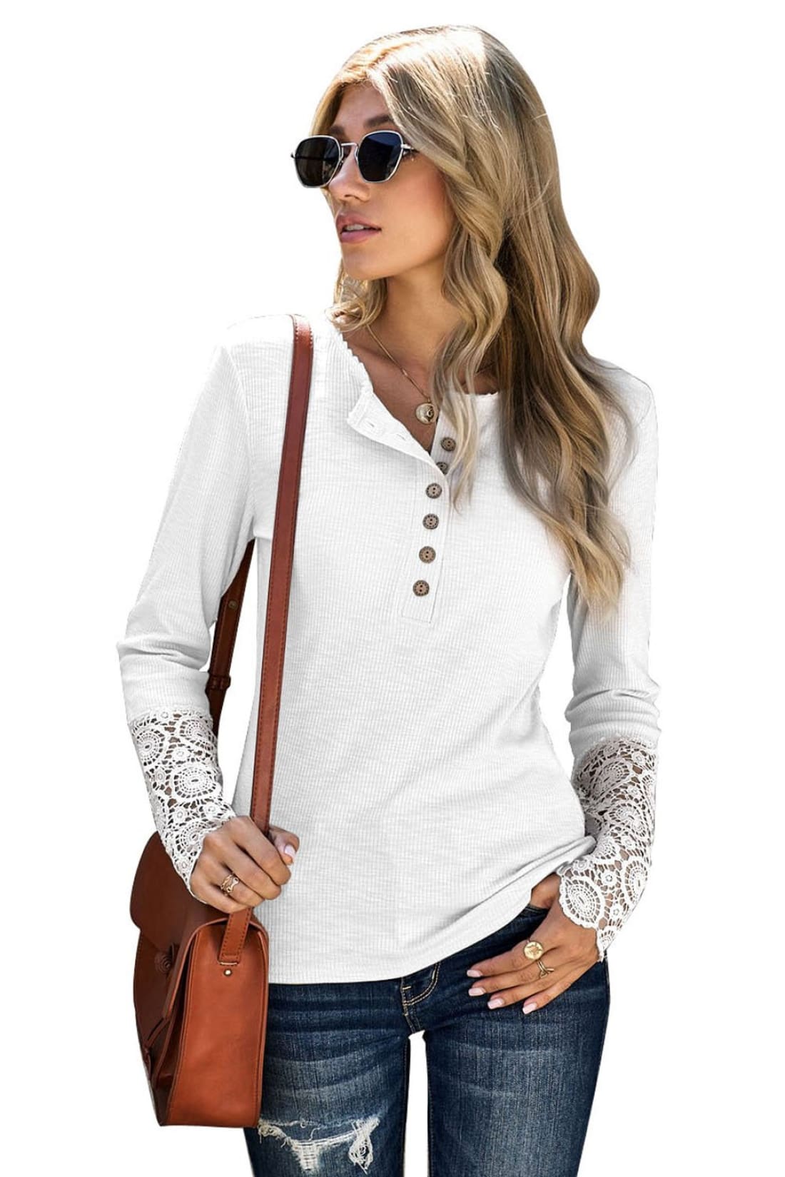 Crochet Trimmed Henley Ribbed Long Sleeve Button Up Top | Long Sleeve Tops