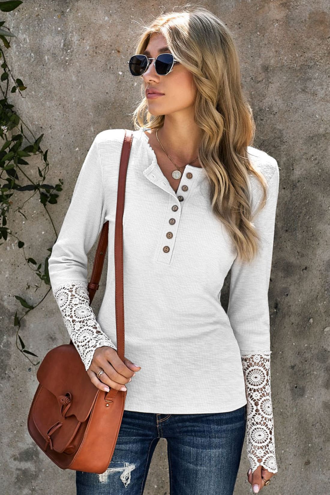 Crochet Trimmed Henley Ribbed Long Sleeve Button Up Top | Long Sleeve Tops