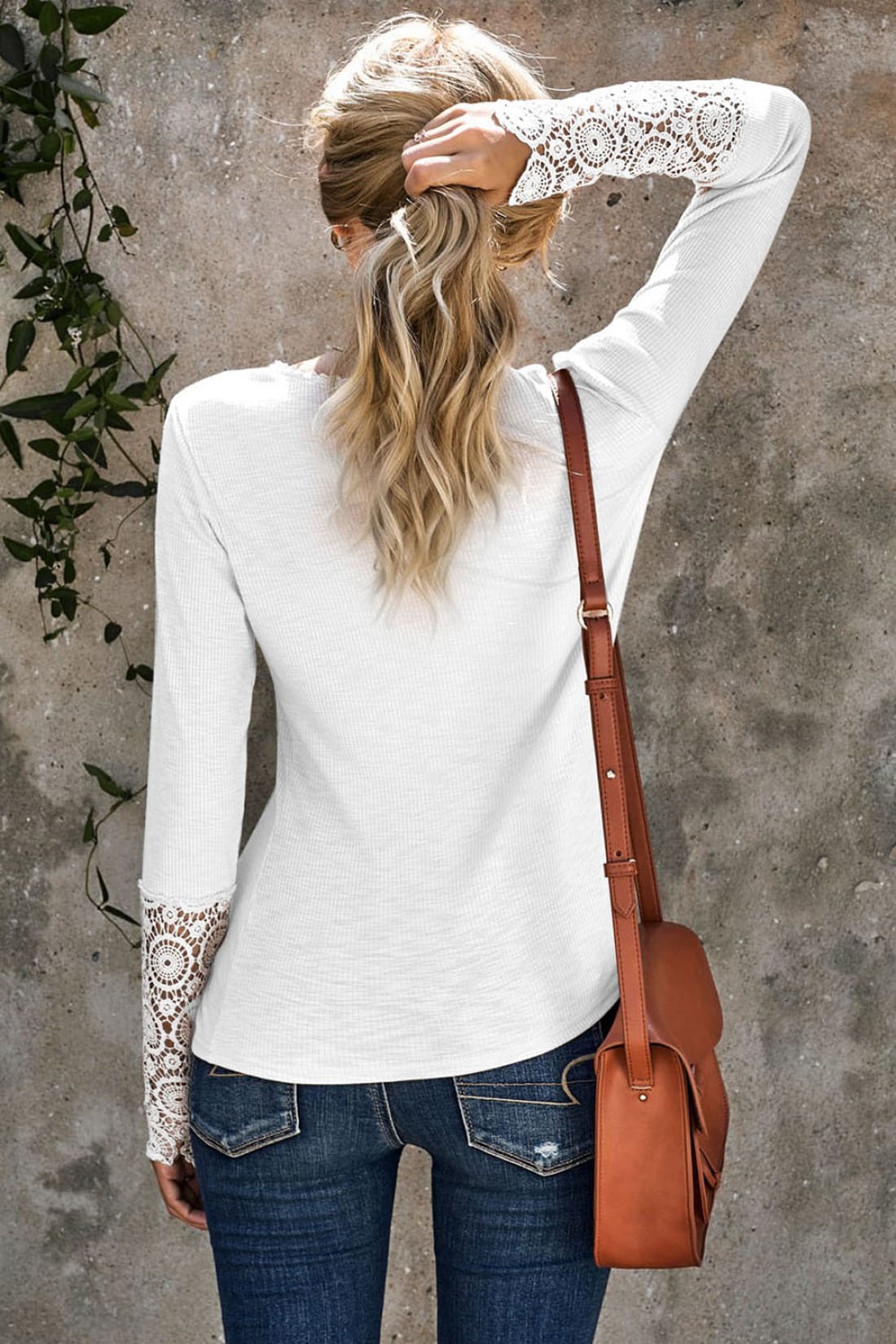 Crochet Trimmed Henley Ribbed Long Sleeve Button Up Top | Long Sleeve Tops