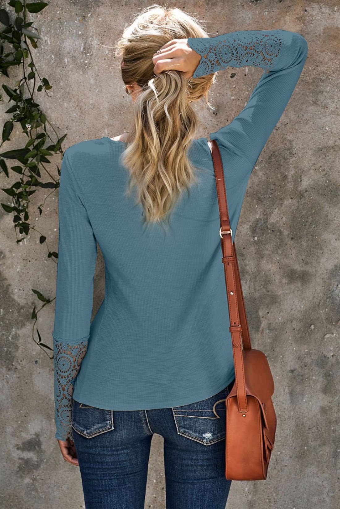 Crochet Trimmed Henley Ribbed Long Sleeve Button Up Top | Long Sleeve Tops