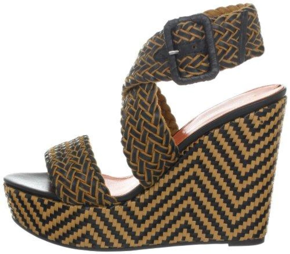 Fashion Boutique $250 VIA SPIGA Kagan Strappy Platform Wedges Sandals Black + Camel Sz 8
