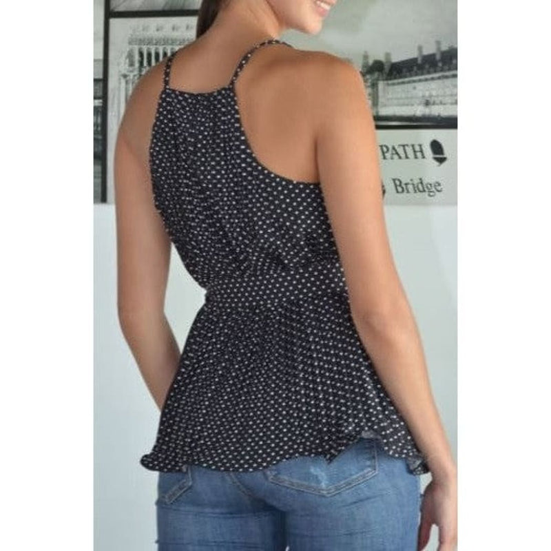 Fashion Boutique Black Polka Dot Pleated Tie Waist Peplum Halter Top for Skinny Jeans
