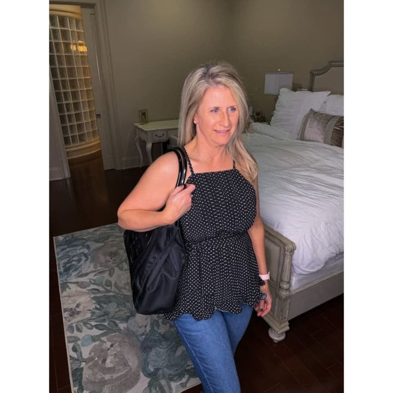 Fashion Boutique Black Polka Dot Pleated Tie Waist Peplum Halter Top for Skinny Jeans