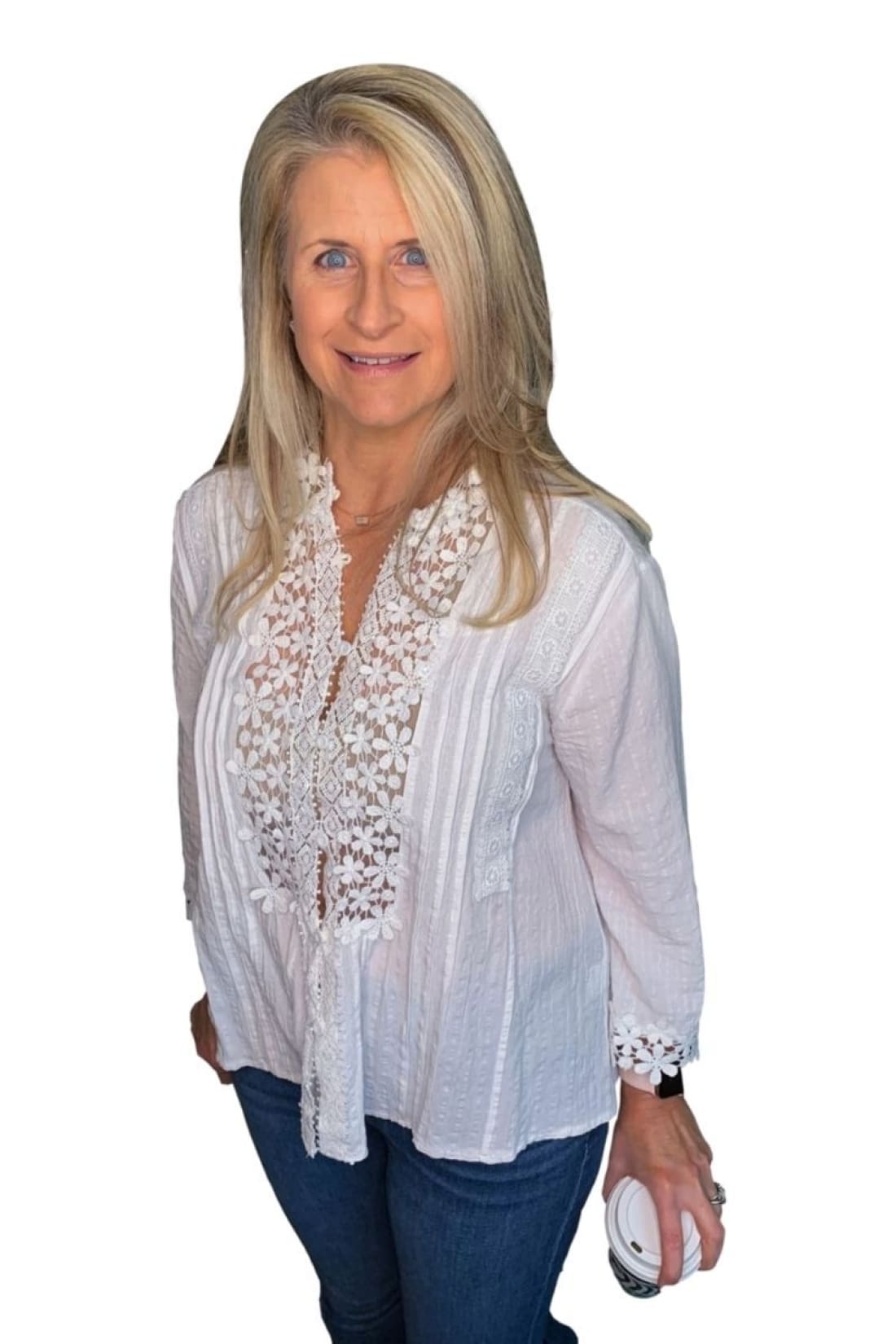 Fashion Boutique Boho Button Down Applique Detail Floral Crochet Lace Breezy Summer Top