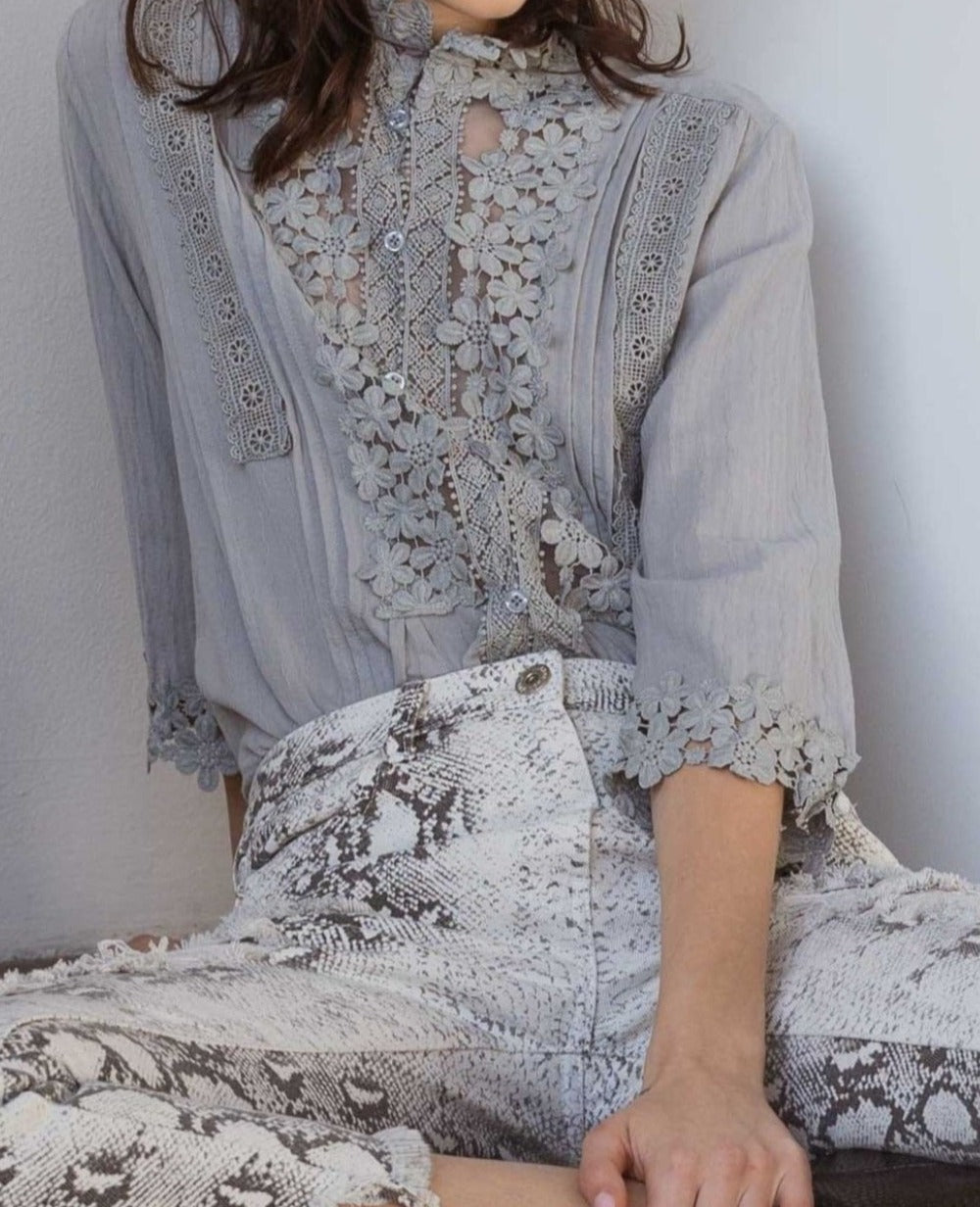 Fashion Boutique Boho Button Down Applique Detail Floral Crochet Lace Breezy Summer Top