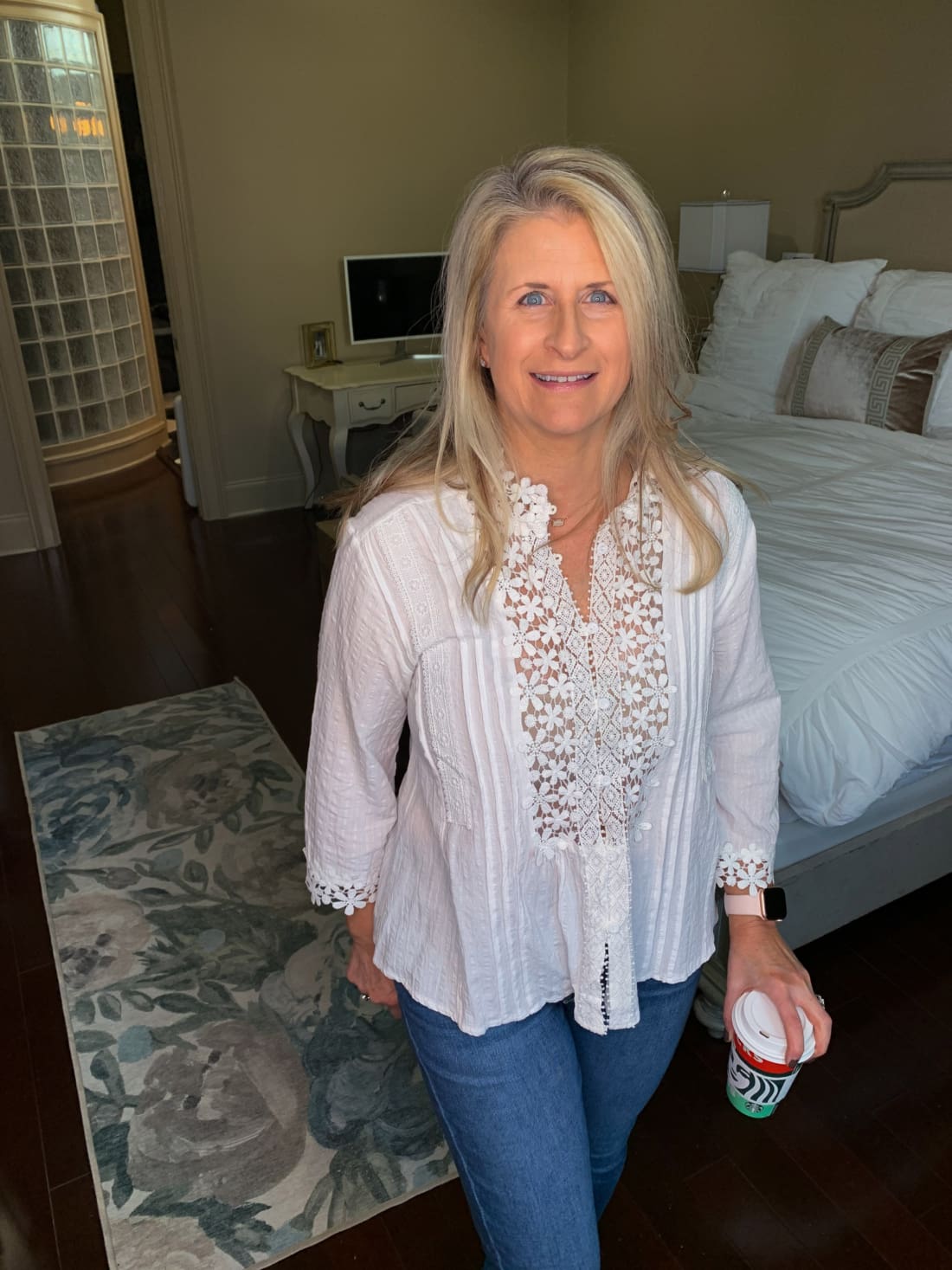 Fashion Boutique Boho Button Down Applique Detail Floral Crochet Lace Breezy Summer Top