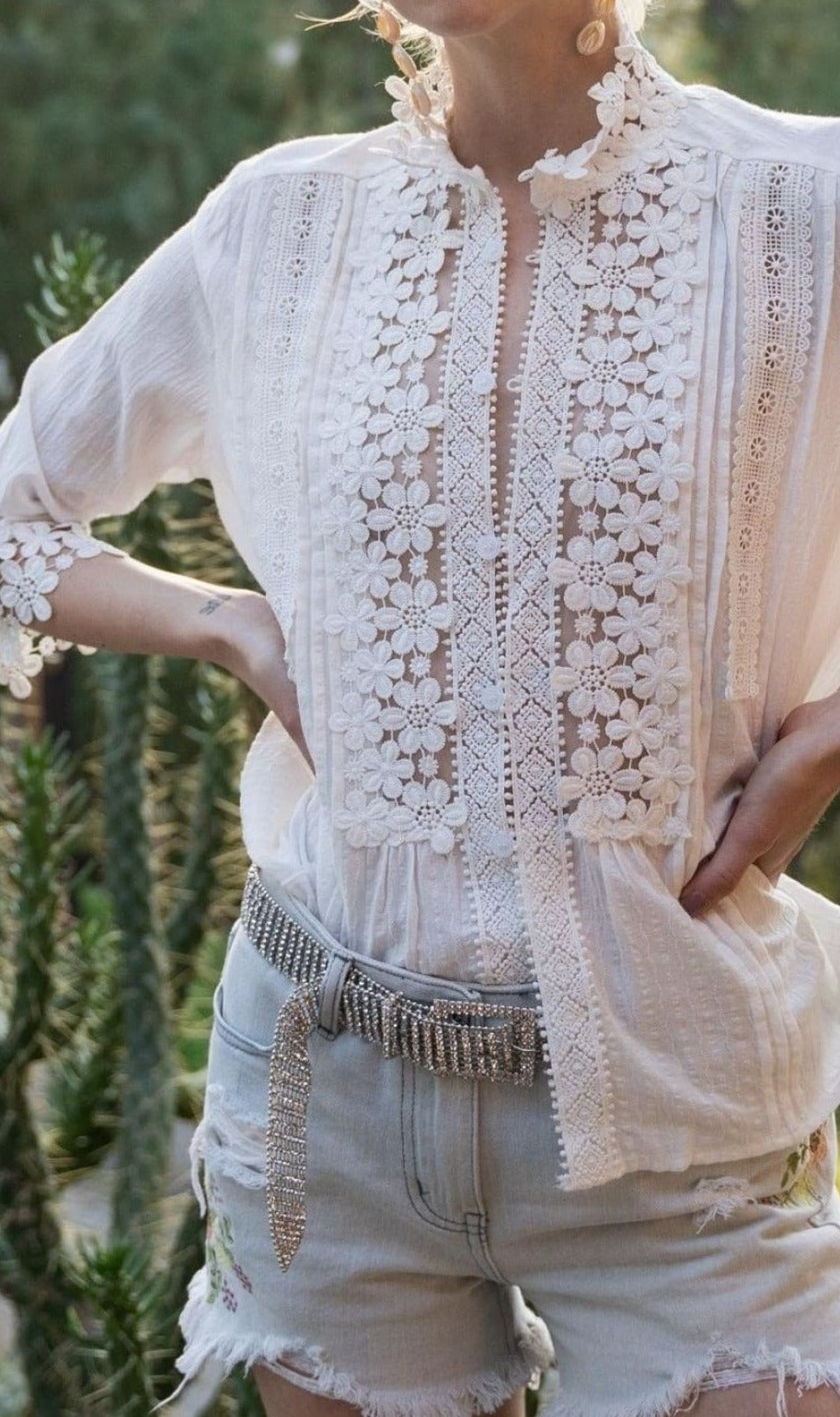 Fashion Boutique Boho Button Down Applique Detail Floral Crochet Lace Breezy Summer Top