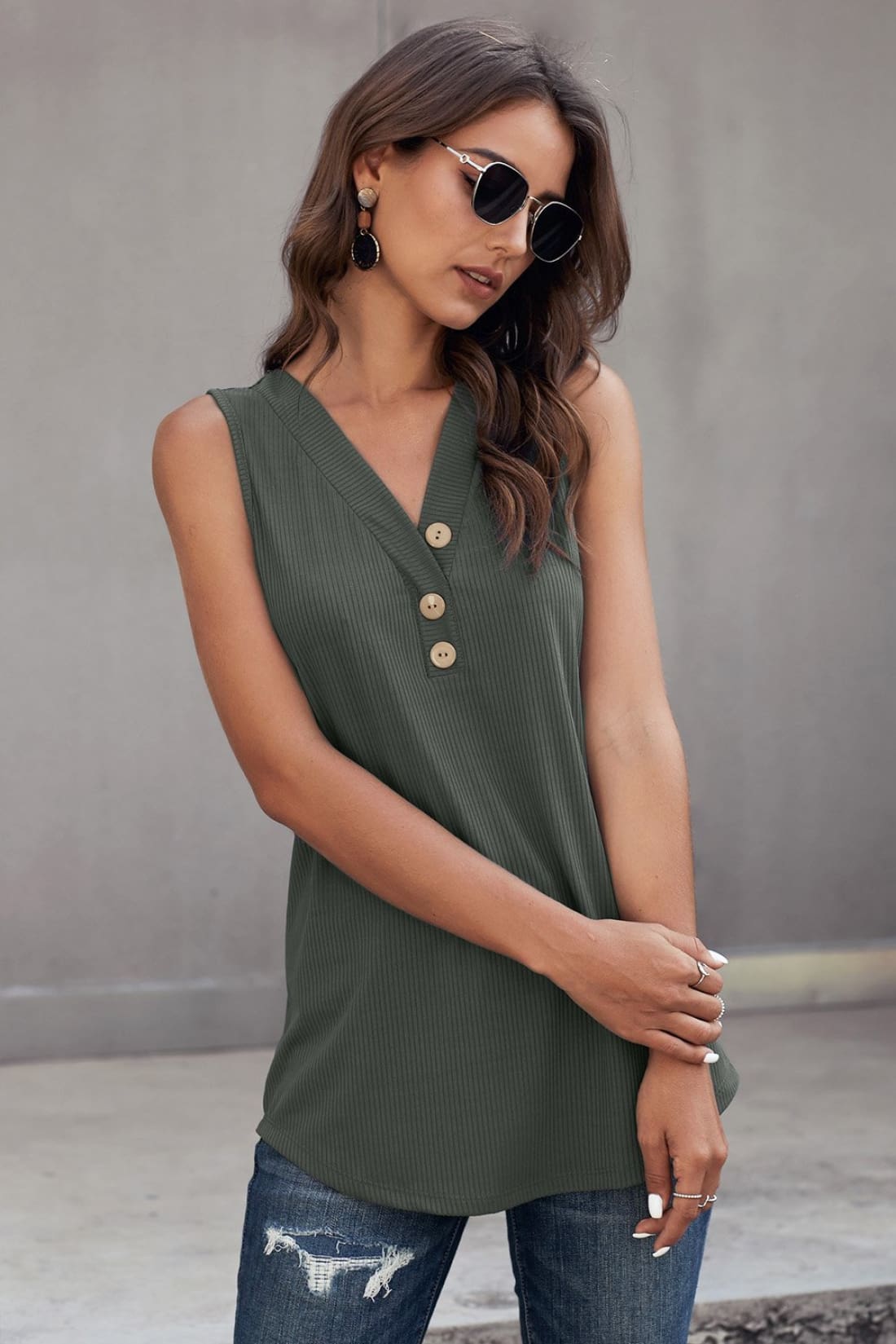 Khaki Just Say The Word 3 Button Tank Top
