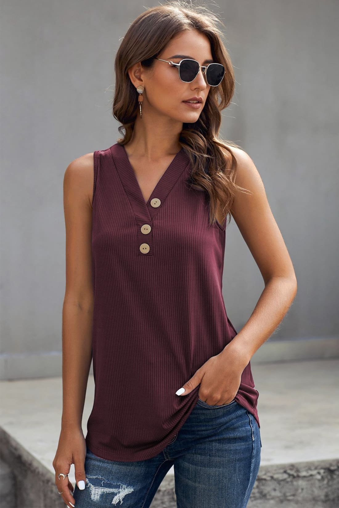 Khaki Just Say The Word 3 Button Tank Top