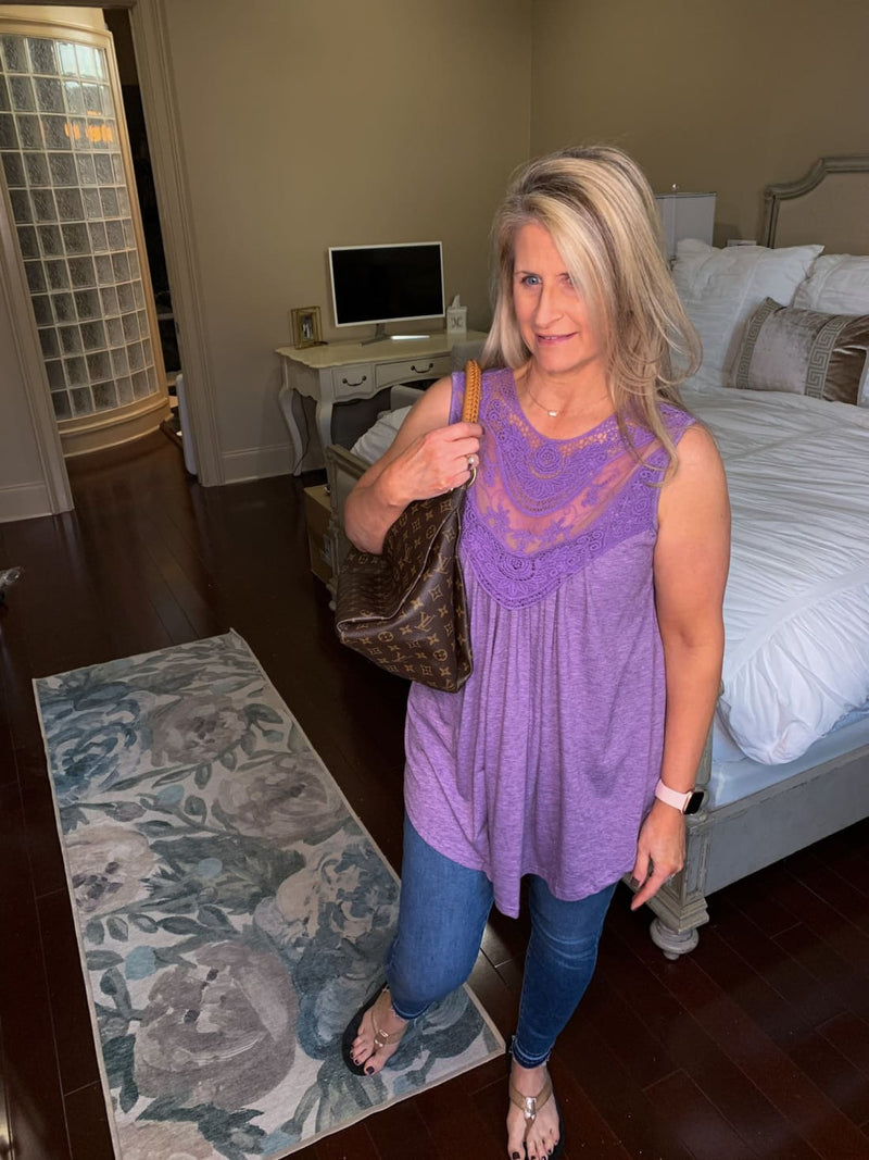 Lillian Lace Embroidered Sleeveless Top - Violet - Cute Tops to Wear with Skinny Jeans