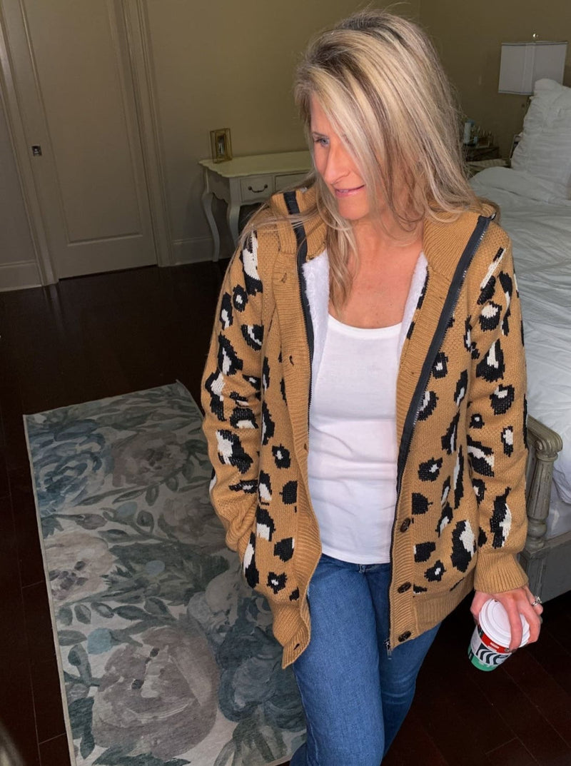 Long Sleeve Button-up Hooded Leopard Print Cardigan Sweatshirt Coat - Brown