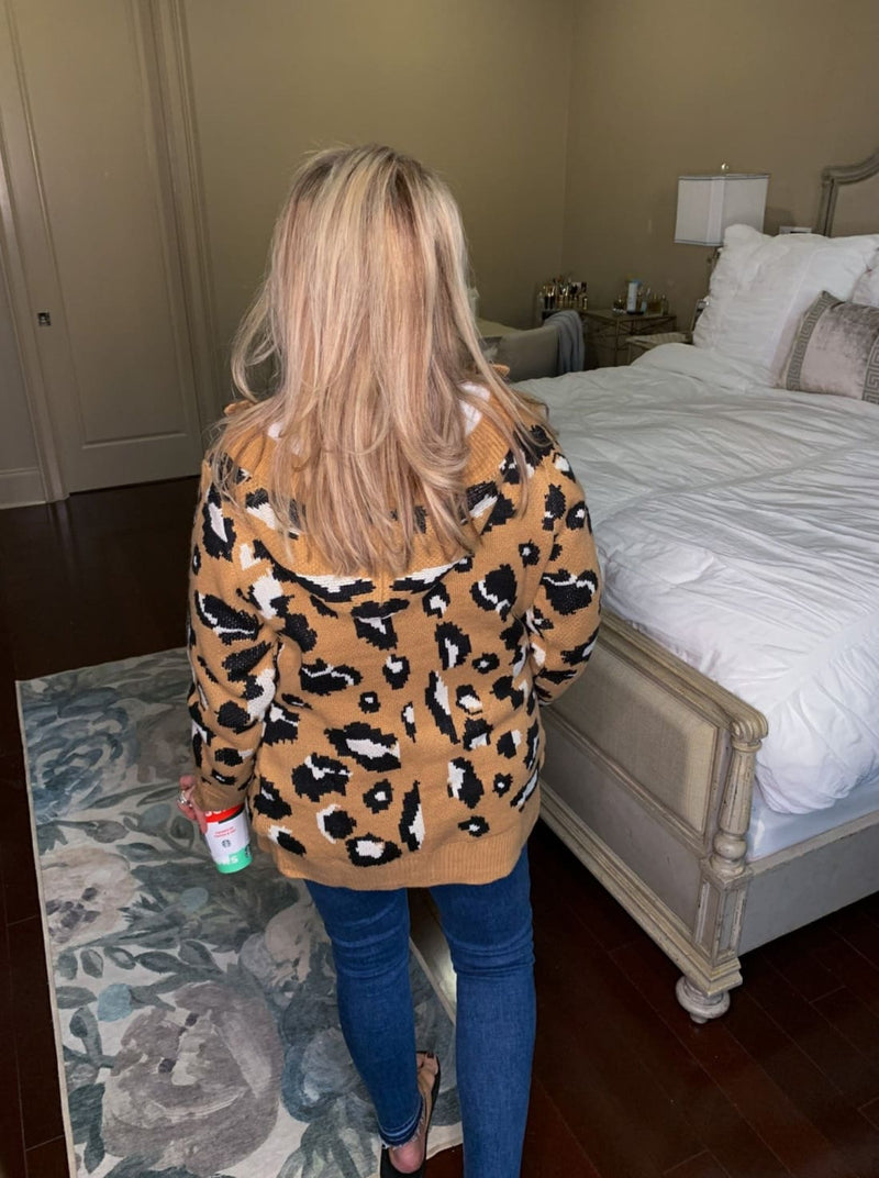 Long Sleeve Button-up Hooded Leopard Print Cardigan Sweatshirt Coat - Brown
