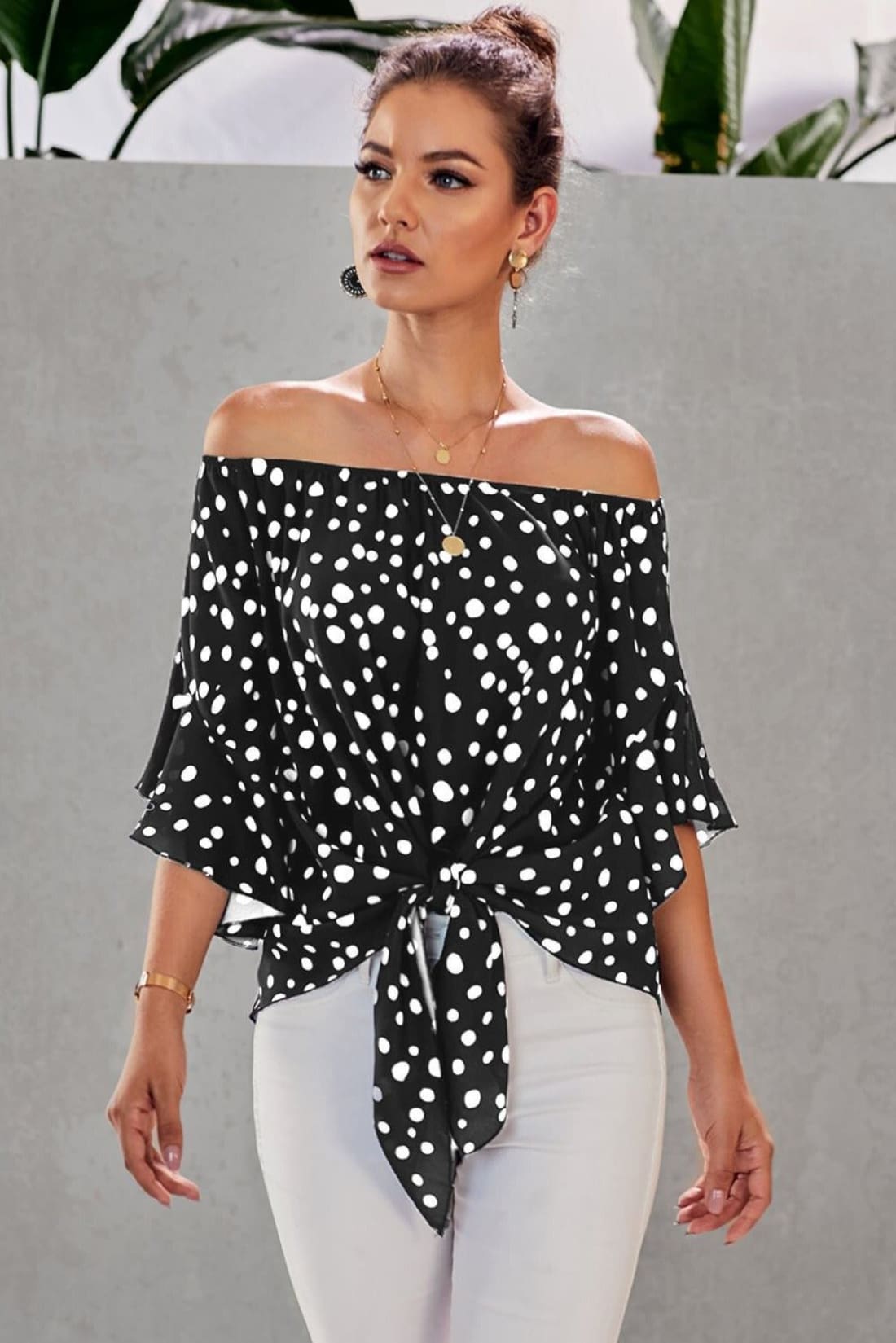 Polka Dot 3/4 Bell Sleeve Off Shoulder Front Tie Knot Top