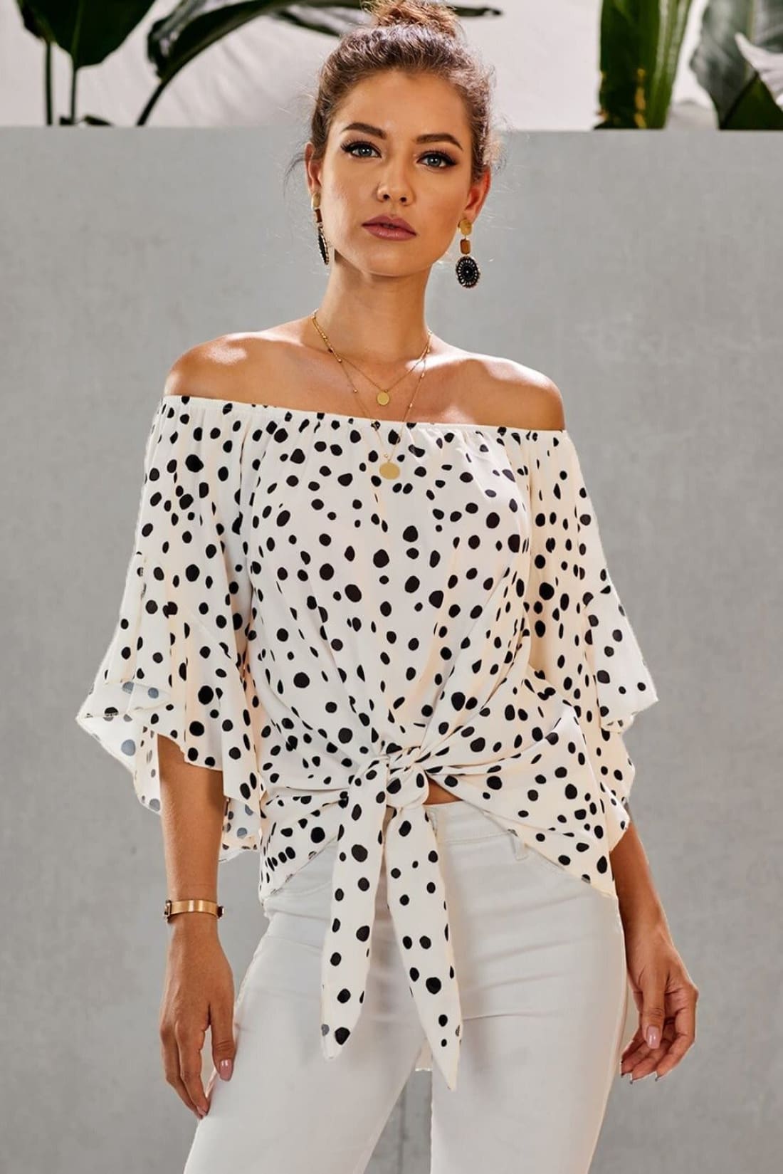 Polka Dot 3/4 Bell Sleeve Off Shoulder Front Tie Knot Top