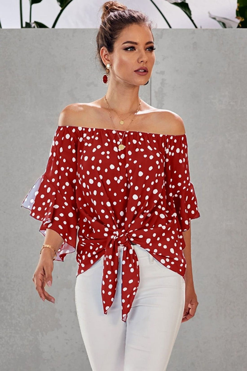 Polka Dot 3/4 Bell Sleeve Off Shoulder Front Tie Knot Top
