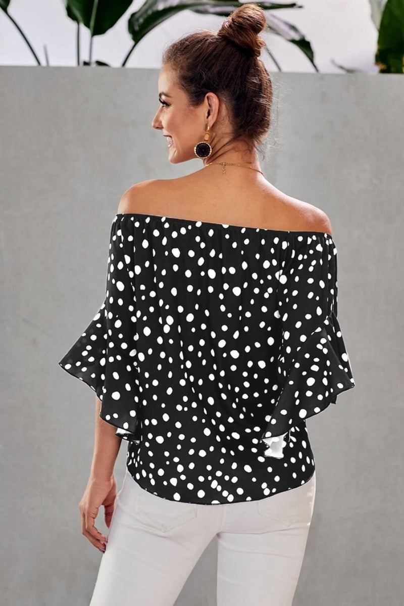 Polka Dot 3/4 Bell Sleeve Off Shoulder Front Tie Knot Top