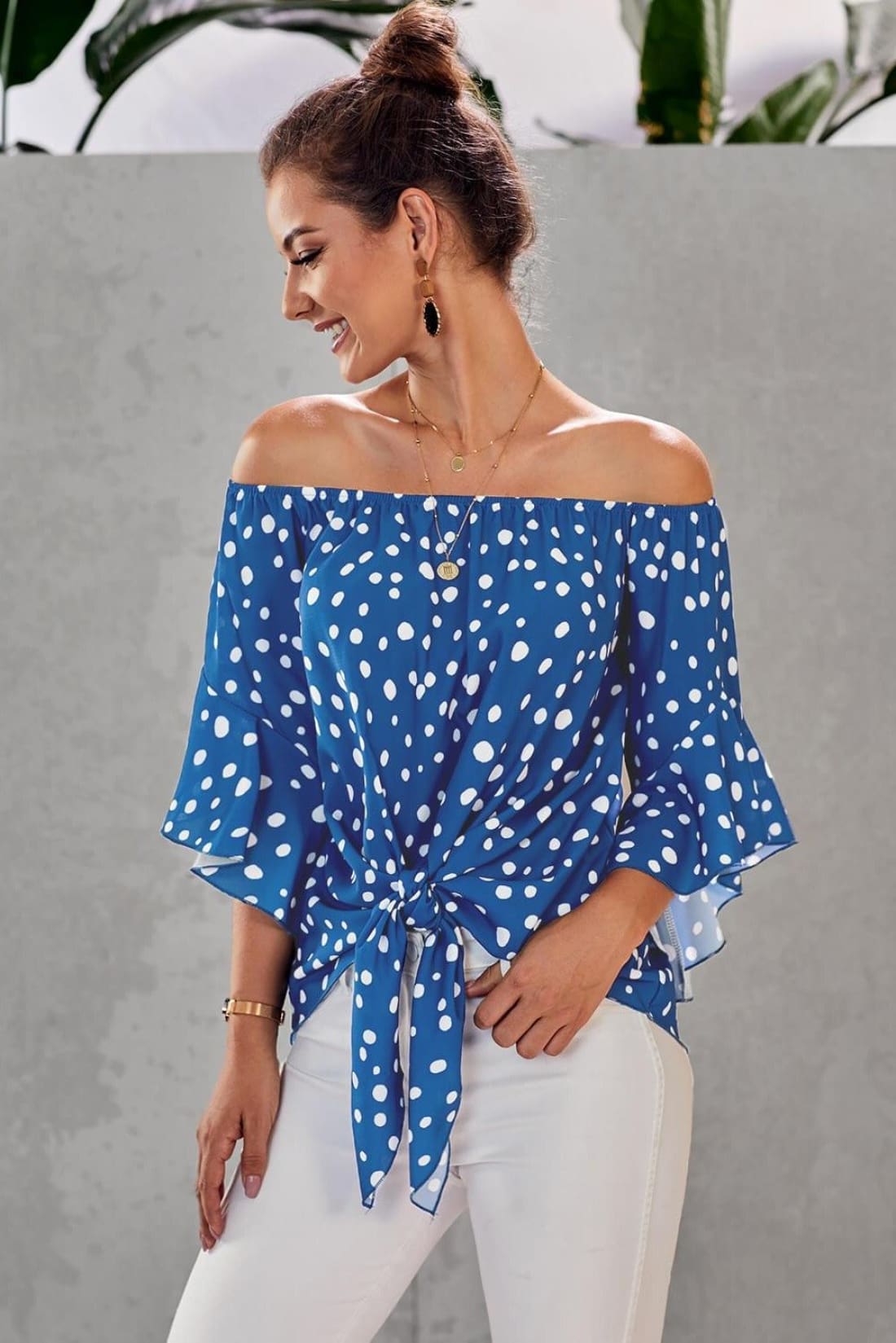 Polka Dot 3/4 Bell Sleeve Off Shoulder Front Tie Knot Top
