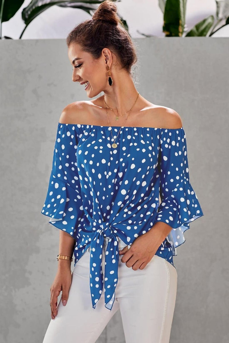 Polka Dot 3/4 Bell Sleeve Off Shoulder Front Tie Knot Top