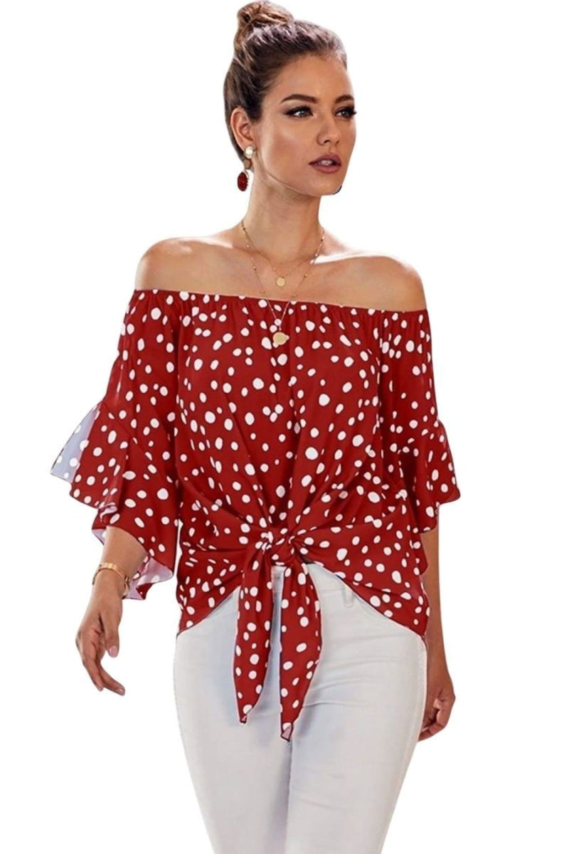 Polka Dot 3/4 Bell Sleeve Off Shoulder Front Tie Knot Top