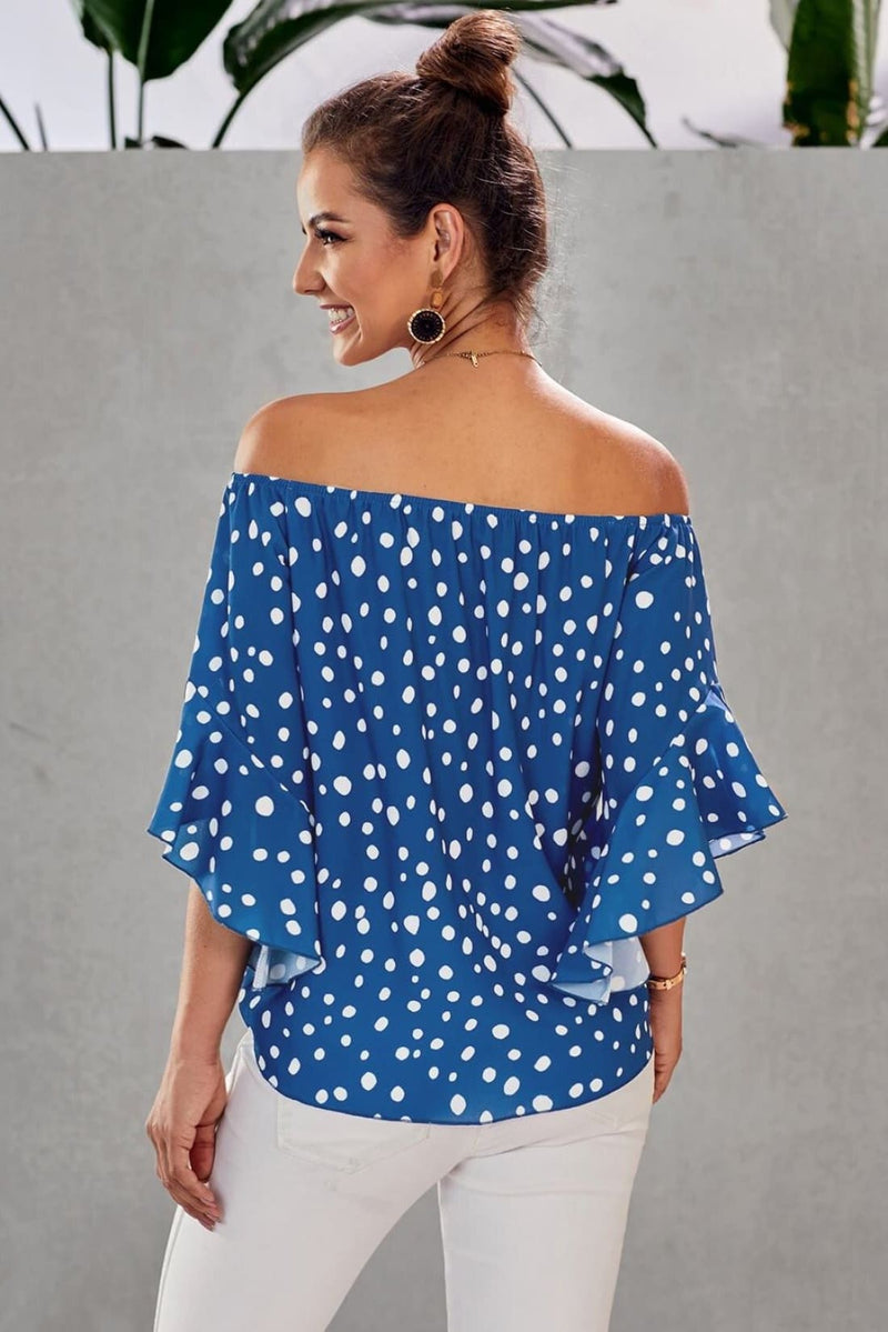 Polka Dot 3/4 Bell Sleeve Off Shoulder Front Tie Knot Top