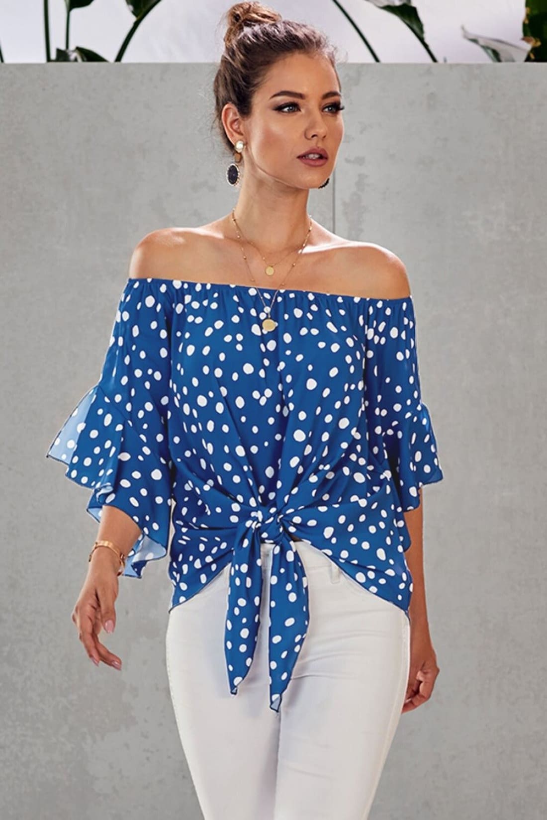 Polka Dot 3/4 Bell Sleeve Off Shoulder Front Tie Knot Top