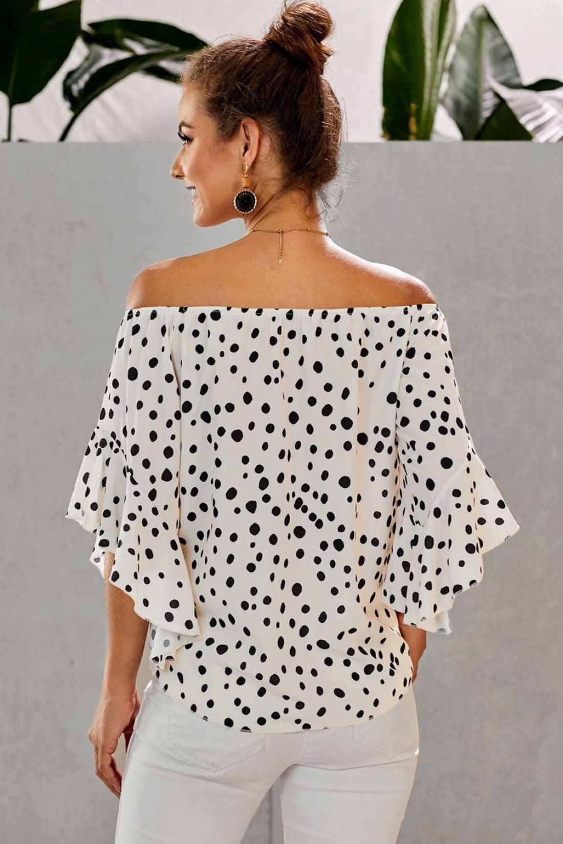 Polka Dot 3/4 Bell Sleeve Off Shoulder Front Tie Knot Top