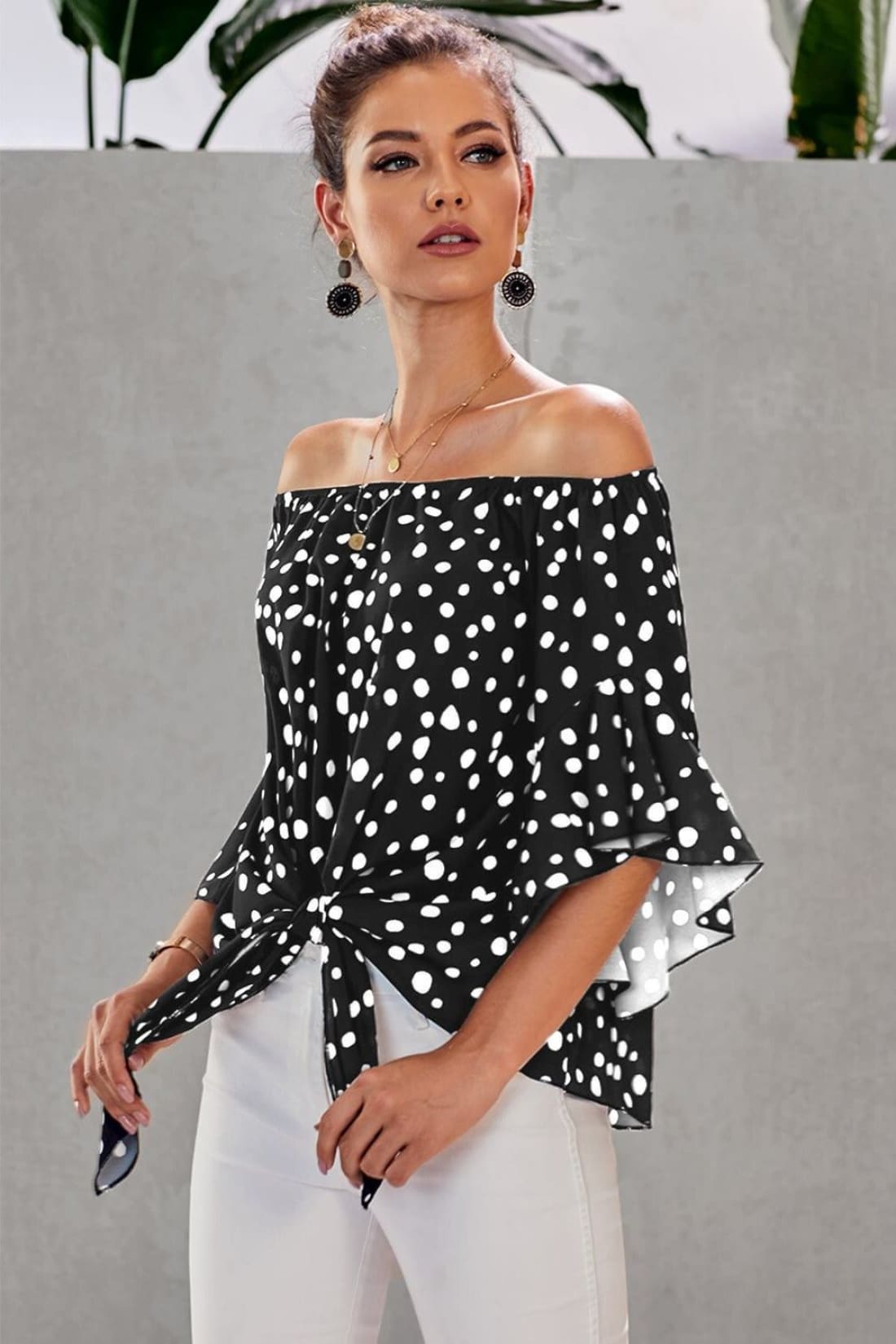 Polka Dot 3/4 Bell Sleeve Off Shoulder Front Tie Knot Top
