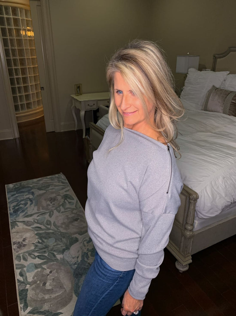 Ribbed Zip Accent Knit Top - Gray | Long Sleeve Tops