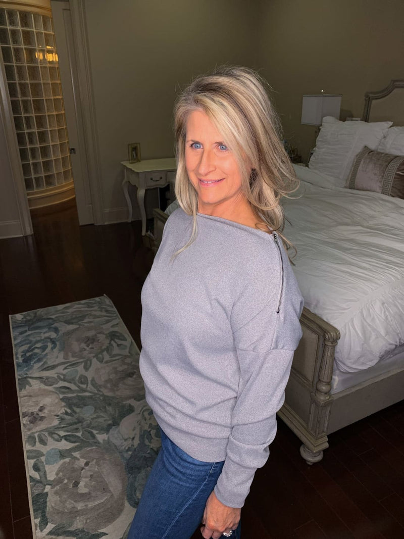 Ribbed Zip Accent Knit Top - Gray
