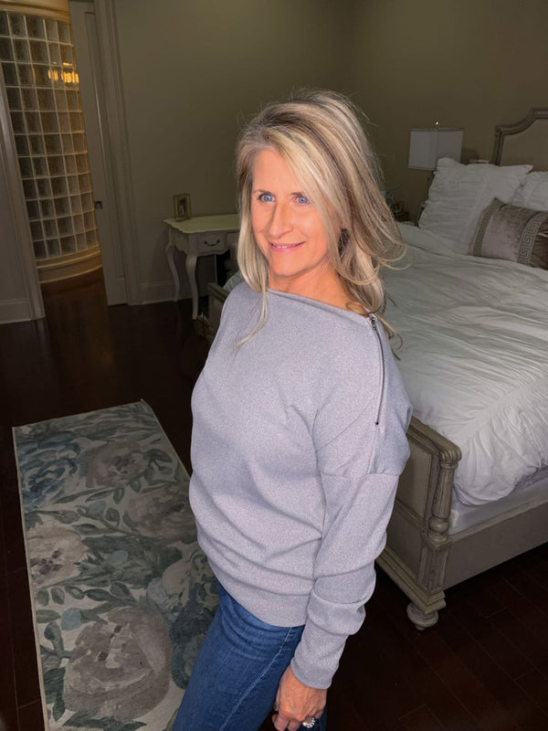 Ribbed Zip Accent Knit Top - Gray | Long Sleeve Tops