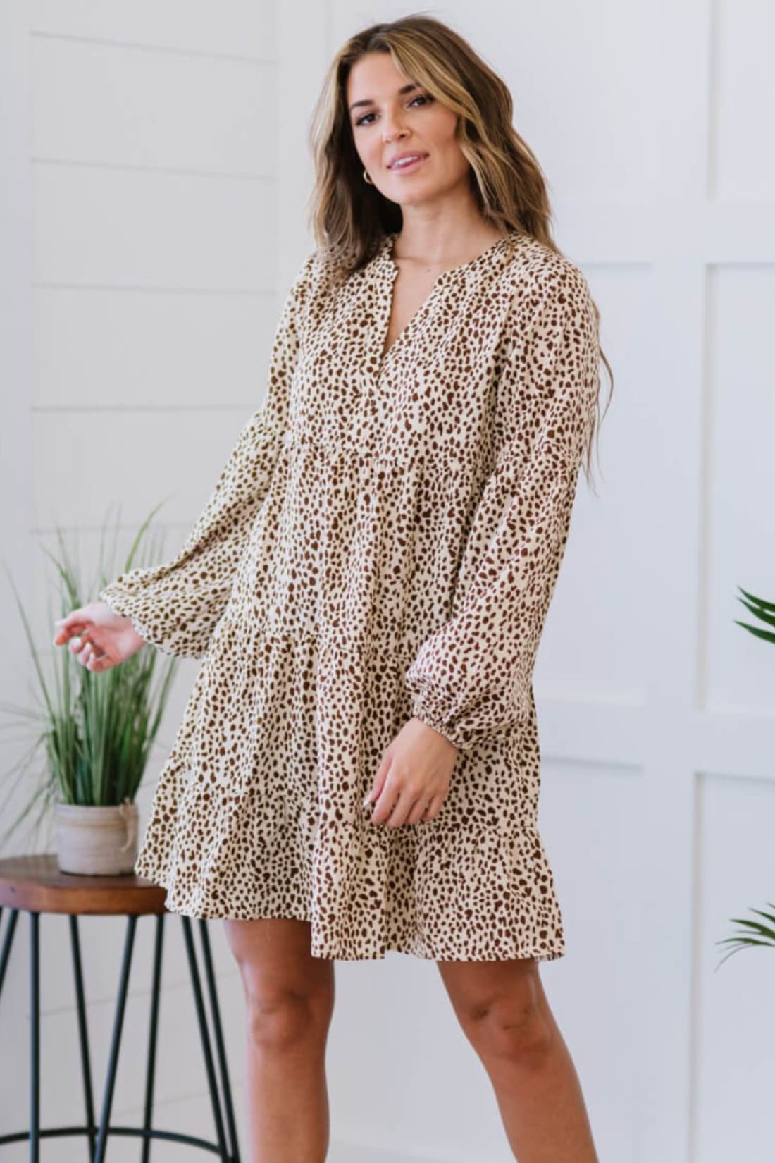 Romantic Spotted Tiered Mini Dress in Khaki | Mini Dresses