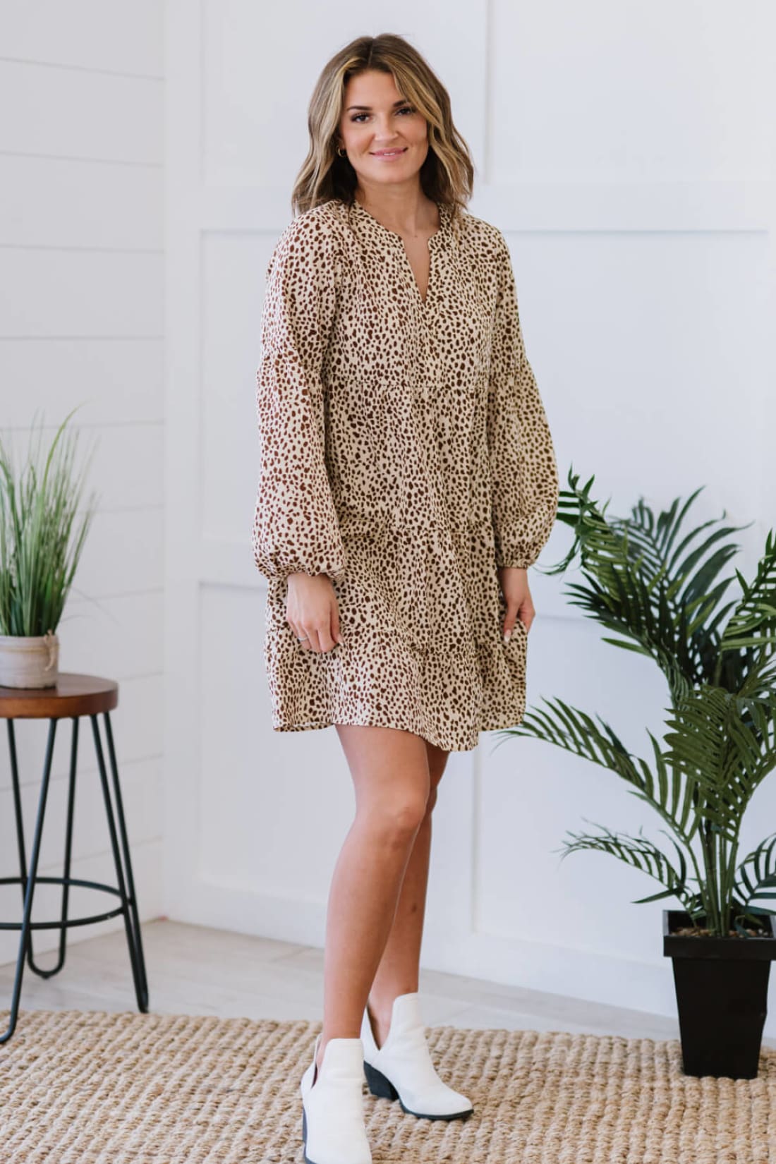 Romantic Spotted Tiered Mini Dress in Khaki | Mini Dresses